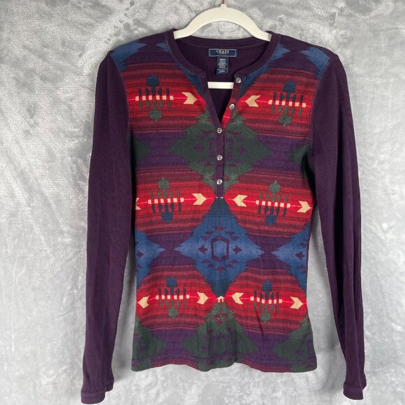 Chaps Top Womens Small Purple Colorful Aztec Print Henley Waffle Thermal Cotton - Picture 1 of 11
